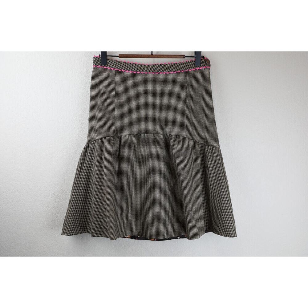 Rebecca Taylor Skirt 6 Brown Pink Career Work Y2K Houndstooth Wool Brown Trendy